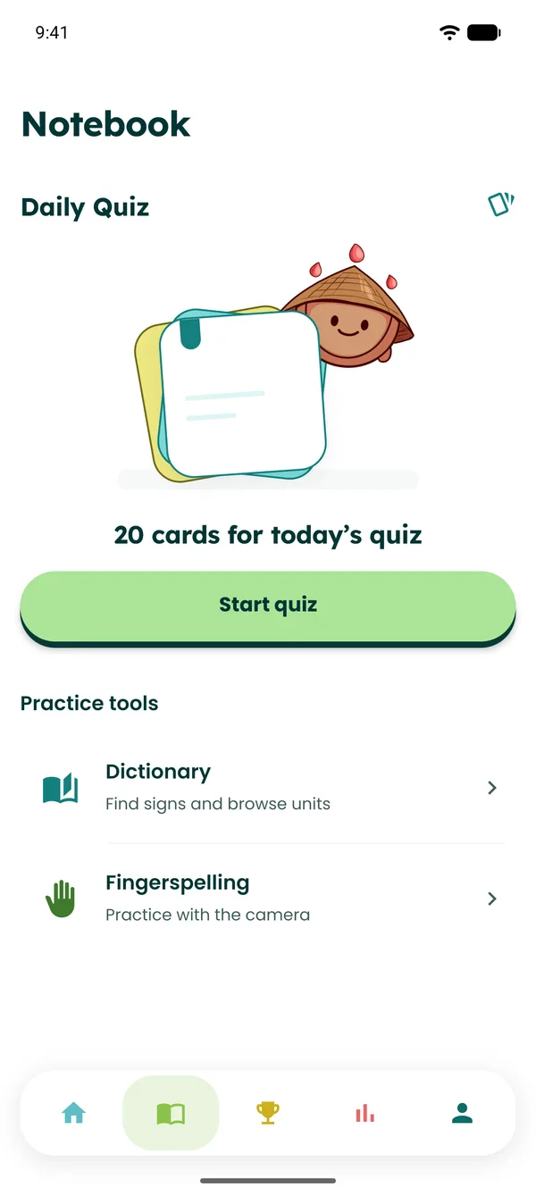 The Notebook screen with 20 cards ready for the Daily Quiz